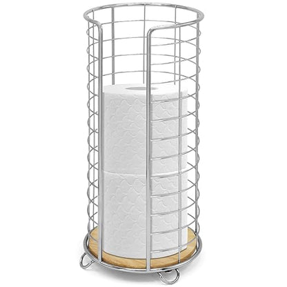 BROOKSTONE, Stylish Toilet Paper Holder with Bamboo Base, Freestanding Bathroom Tissue Organizer, Minimalistic Storage Solution, Modern Trending Design [Holds Large Rolls], Chrome…