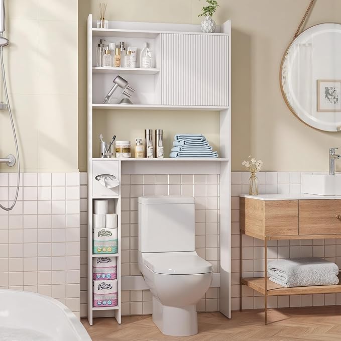 31.5" W Over The Toilet Storage Cabinet with Sliding Door, Bathroom Above Toilet Storage Cabinet with Adjustable Shelves, Toilet Paper Holder, Space Saver Cabinet for Bathroom, White