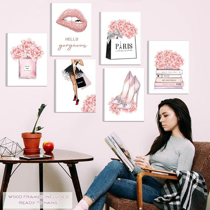 FRAMED Pink Makeup Room Canvas Wall Art, Fashion Woman Picture Wall Decor Paintings, Watercolor Perfume High Heels Lipstick Beauty Room Decor Pictures Arts for Girls Women Room Decor, (Set of 6, 12x16 in, Framed)