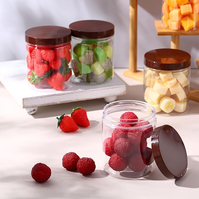 Irenare 24 Pcs 16 oz Plastic Jars with Lids Clear Plastic Containers Wide Mouth Food Mason Jars Airtight Storage Containers for Cake, Dried Fruit, Honey, Nuts, Carft, Scrub Cream(Brown Lids)