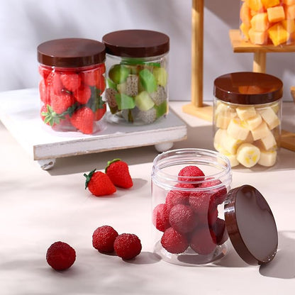 Irenare 24 Pcs 16 oz Plastic Jars with Lids Clear Plastic Containers Wide Mouth Food Mason Jars Airtight Storage Containers for Cake, Dried Fruit, Honey, Nuts, Carft, Scrub Cream(Brown Lids)
