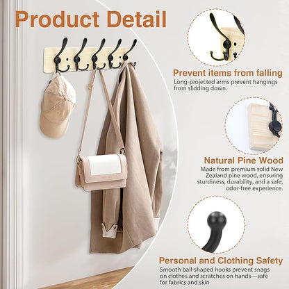 Wooden Coat Rack Wall Mount Heavy Duty, 2 Pack Coat Hanger Wall Mount with 5 Triple Hooks for Clothes, Jacket, Hat, Keys, Space Saving Entryway Organizer for Mudroom (Natural Plate & Black Hooks)