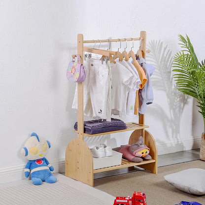 Kids Clothing Rack with Adjustable Rods, Children Clothes Garment Rack for Kids Baby Pet, Kids Dress Up Rack with 2 Bottom Shelves, Kids Wardrobe Closet for Toddlers Nursery (Natural)