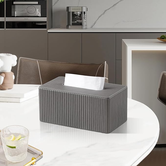 MEIBOOCH PU Leather Tissue Box Cover for 120(3-Ply)/ 160(2-Ply) Count Box of Tissues, Rectangle Tissue Box Holder for Bathroom Bedroom Living Room Office (Slate Grey Stripe)