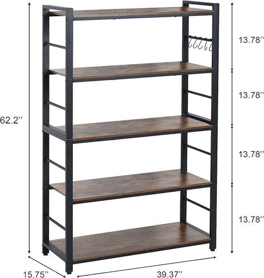 NAIYUFA 5-Tiers Bakers Rack,Microwave Oven Stand with Shelves,5 Tier Utility Storage Shelf with 5 Hooks,Multifunctional Shelf for Kitchen,Bathroom,Livingroom,Storehouse...