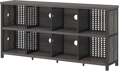 LVB Industrial Horizontal Bookcase, Rustic Wood 4 5 6 7 8 Cube Bookshelf, Modern Wide Long Low Book Shelf, Vintage Large Open Cube Storage Organizer for Office Bedroom Living Room, Dark Gray Oak 63 In