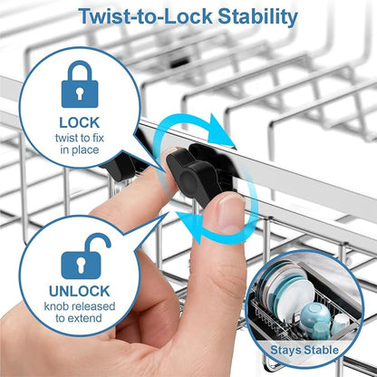 GSlife Dish Drying Rack Over the Sink - Expandable Stainless Steel Dish Drainer for Small Kitchen Apartment, Space Saving Sink Rack with Secure Lock Knob and Utensil Holder, Silver