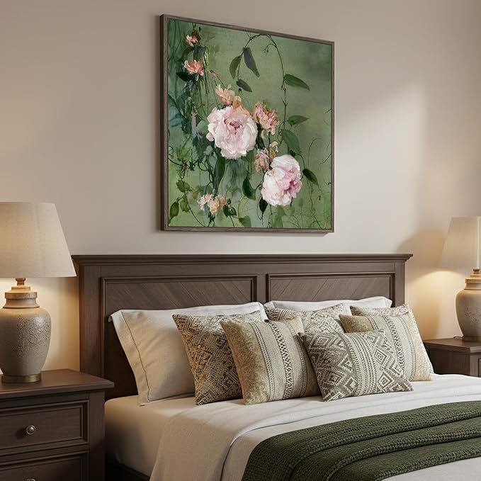 Framed Vintage Floral Square Wall Art, Pink and Green Retro Botanical Watercolor Flower Canvas Painting Prints, French Country Cottage Core Elegant Peony Artwork for Bedroom Living Room Office, 24x24