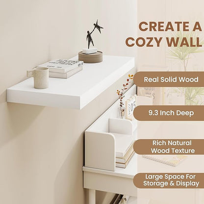 Fun Memories White Floating Shelves for Wall, 16 x 9 Inch Floating Shelf Set of 2, Rustic Natural Wood Wall Shelves, 9" Deep White Bathroom Shelves for Storage & Display