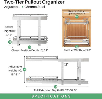 Pull out Cabinet Organizer, 2 Tiers 23"W X 21"D, Heavy Duty Smooth Sliding Under Cabinet Shelves for Pots and Pans, Full-Extension Roll out Drawers, Slide out Organization for Home Kitchen Pantry