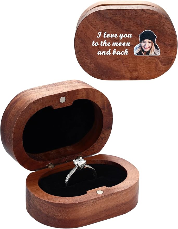 Custom4U Personalized Photo Ring Box for Proposal Wooden Engagement Ring Holder Box Wood Rustic Ring Storage Box Wedding Jewelry Gift for Women