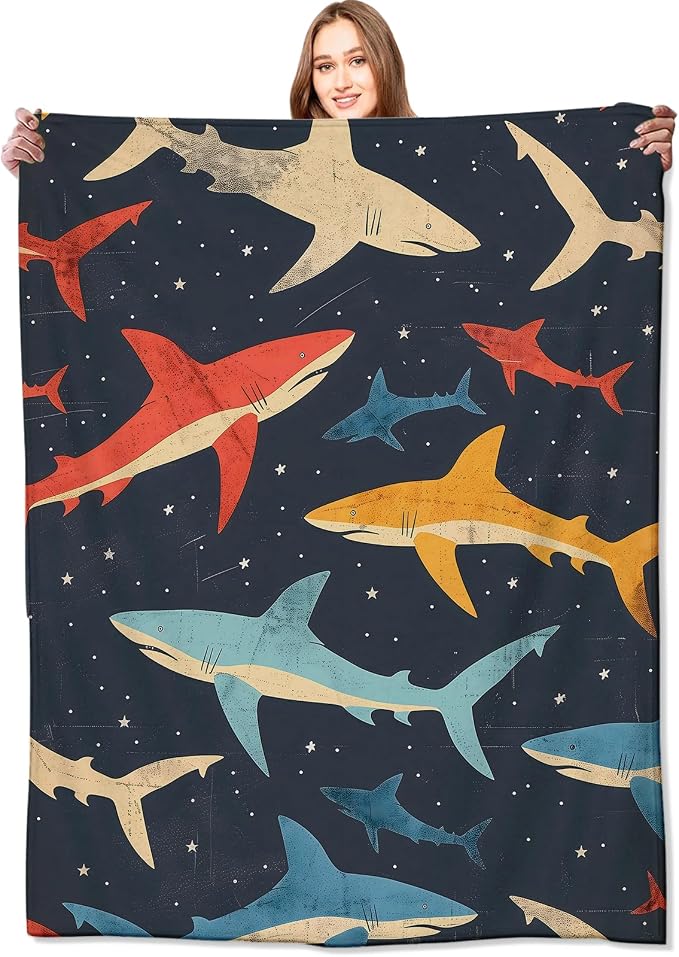 Shark Blanket Vibrant Sharks Dark Throw Blankets,Birthday Gifts for Girls Boys Women & Ocean Lovers,Lightweight Soft Fleece,for Sofa Couch Bed Room Sea Life Decor 60x80in