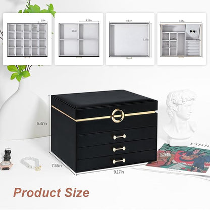 Jewelry Boxes for Women, Large Jewelry Storage Boxes, 4-Layer Leather Jewelry Organizer with 3 Drawers, Jewelry Display Case Gift for Women Girls, Black