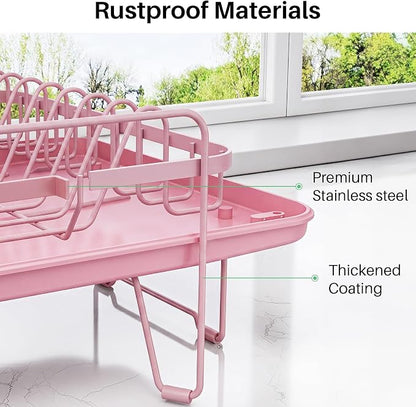 SNTD Dish Drying Rack - Large Dish Racks for Kitchen Counter, Expandable Dish Drainers with Cutlery Holder Stainless Steel Rustproof (Pink)
