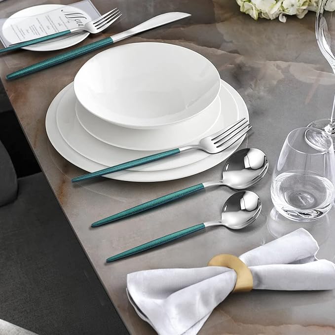 VANVRO Mirror Silver Green Silverware Set, 20-Piece Stainless Steel Flatware Set, Satin Finish tableware Cutlery Set, Service for 4, Home and Restaurant, Dishwasher Safe
