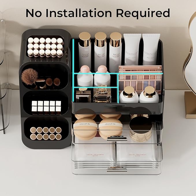 UFORU Makeup Organizer for Vanity with Brush Holder, Large Capacity Bathroom Countertop Skincare Organizer with 2 Drawers, Cosmetic Display Case for Perfumes, Eyeshadow Palettes, Nail Polishes