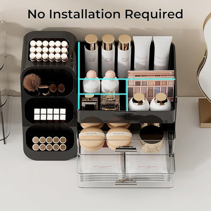 UFORU Makeup Organizer for Vanity with Brush Holder, Large Capacity Bathroom Countertop Skincare Organizer with 2 Drawers, Cosmetic Display Case for Perfumes, Eyeshadow Palettes, Nail Polishes
