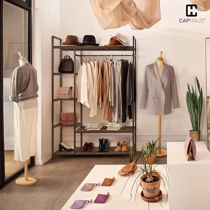 CAPHAUS 979lbs Capacity Garment Rack for Hanging Clothes, Heavy Duty Open Wardrobe w/Hanging Rods & Fabric Drawers, Free Standing Closet Organizer, Metal Closet Rack w/Rustic Oak Wooden Shelves