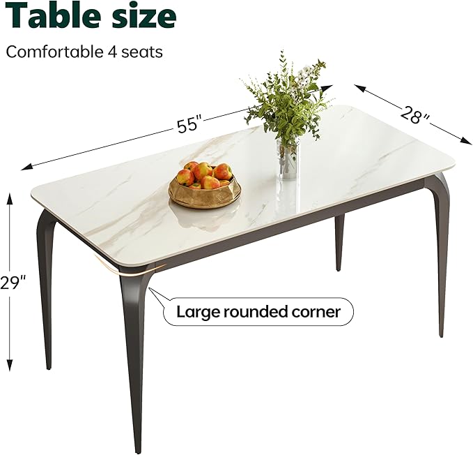 Dining Table, Sintered Stone Kitchen Table, 55'' White Modern Rectangular Slate Patio Table with Metal Legs, Indoor Outdoor Stone Dining Table for Patio, Backyard, Scratch and Heat Resistant