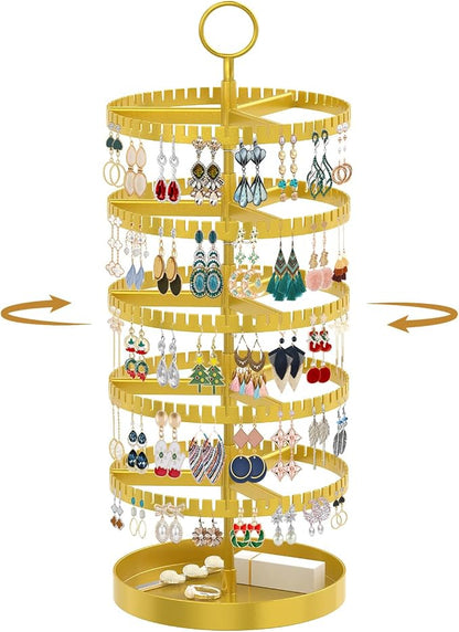 MODOWEY 5 Tier Rotating Earring Holder Organizer Display Tree with Metal Tray, Adjustable Plastic Stand with 285 Slots for Stud Hoop Hanger, Large Capacity Storage Rack for Women Space Saving, Gold