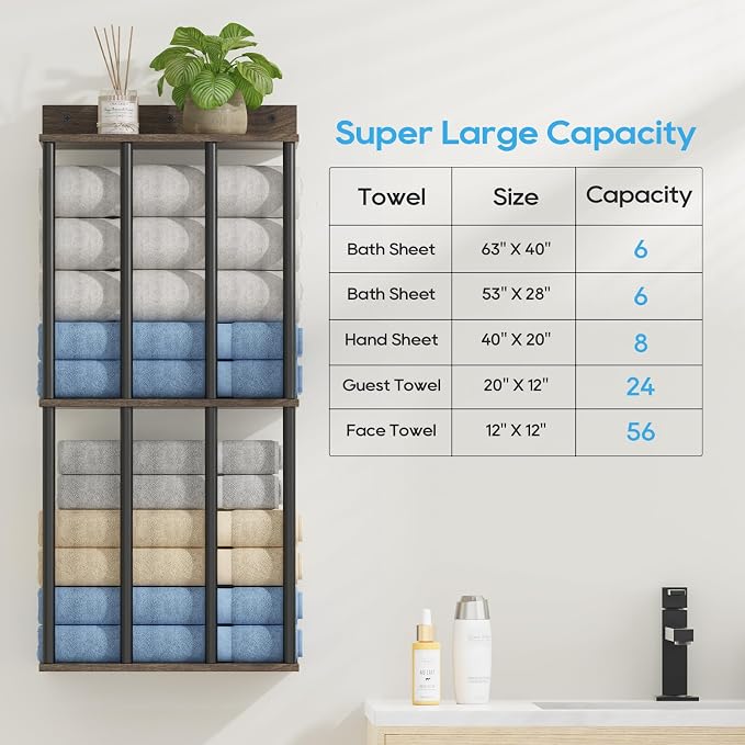 Towel Racks for Bathroom Wall Mounted, Updated 4 Bar Wall Towel Holder | Large Bathroom Towel Storage Rack for Rolled Towels, Modern Metal Towel Organizer Shelf with Wooden Storage Shelf
