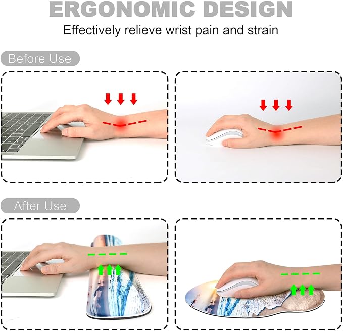 Ergonomic Mouse Pad with Wrist Rest and Keyboard Wrist Rest, Mousepad and Wrist Rest for Computer Keyboard, Pain Relief, Non-Slip Rubber Base, Mouse Pad with Wrist Support for Gaming, Office, Beach