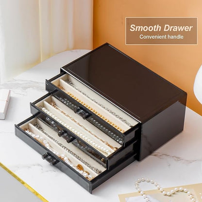 YUFONG Necklace Holder Organizer, Dustproof Necklace Box Velvet Necklace Organizer Box with Lid Clear Acrylic Dustproof Stackable Jewelry Displays for Necklaces Chain Display (Black Beige, 3 Drawer)