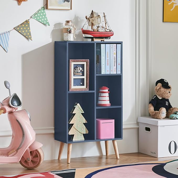 LEYAOYAO 5 Cube Bookshelf 3-Tier Bookcase with Legs,Mint Dark Blue Kids Book Shelf Cute Storage Organizer,Free Standing Open Toy Shelves Wood Bookshelves,Display Bookcases for Bedroom,Living Room