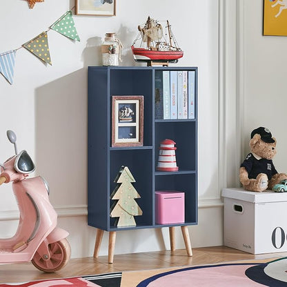 LEYAOYAO 5 Cube Bookshelf 3-Tier Bookcase with Legs,Mint Dark Blue Kids Book Shelf Cute Storage Organizer,Free Standing Open Toy Shelves Wood Bookshelves,Display Bookcases for Bedroom,Living Room
