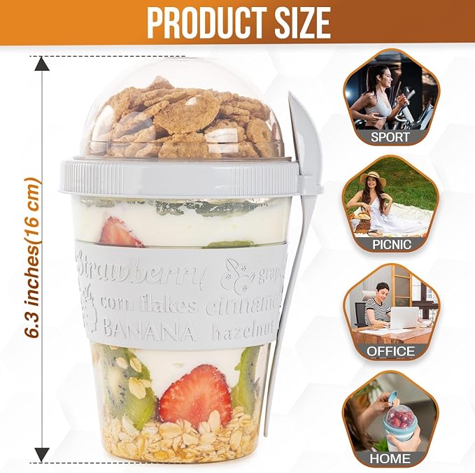 4-Pack Reusable Parfait Cups with Lids & Built-In Spoons - BPA-Free Dual-Compartment Containers for Oatmeal, Granola, Breakfast, Gym, and Travel - Leakproof & Dishwasher Safe - (20 oz)