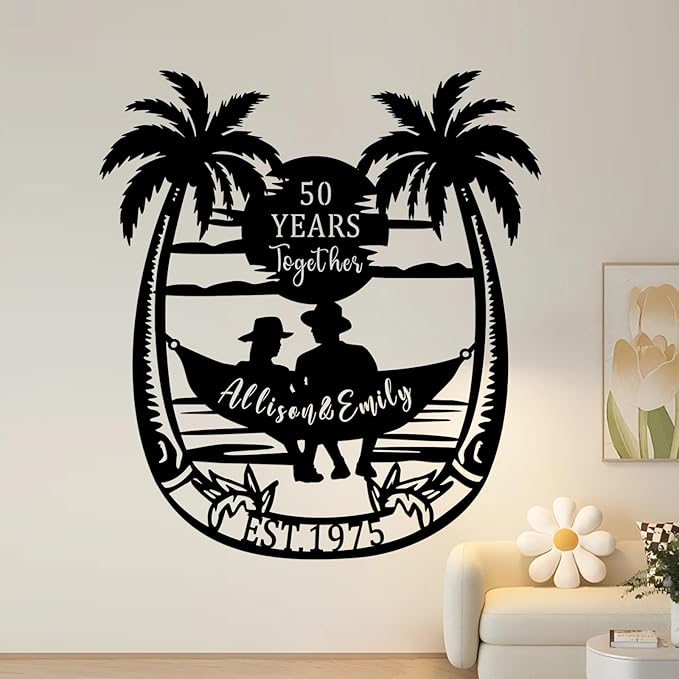 50th Anniversary Wedding Gift for Parents 50 Years Together Tropical Beach Sunset Metal Name Sign Wall Art, Anniversary Wedding Gift for Couple