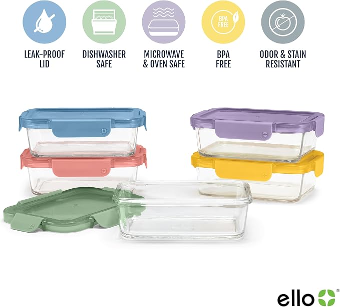 Ello Color Lock Glass Meal Prep Sets Leak-Proof Glass Food Storage Containers with Airtight BPA-Free Plastic Lids, Dishwasher, Microwave, and Freezer Safe