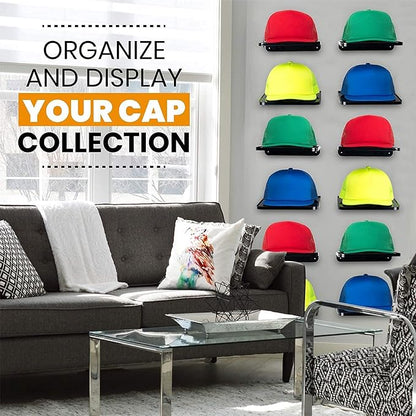 Boxy Concepts Hat Rack for Wall - Pack of 4, Black - Quick 3M Tape & Nail Mount - Showcase Collection, Baseball Cap Display Shelves - Flexible Layout Options, Racks For Caps