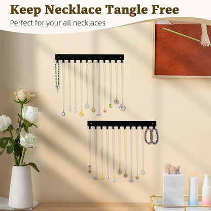 Acrylic Necklace Holder 2 Pack Wall Mounted Necklace Organizer Hanging Jewelry Organizer with 12 Hooks for Necklaces, Bracelets, Rings and Bangles Display Black