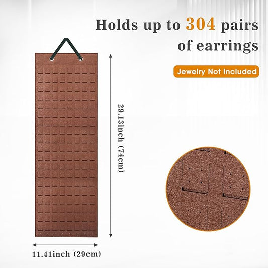 Lolalet Hanging Earring Holder Organizer with 20 Hooks for Women, Earring Organizer Wall Earrings Hanger Pierced Earring Storage, Felt Stud Earring Display, 608 Holes for Earrings - Brown, 1 Pack