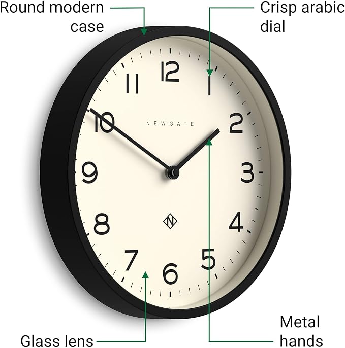 NEWGATE® Number Four Echo wall Clock | Modern Round Clock | 30cm | Black | Easy to Read Numbers | Ideal for Kitchen, Living Room or Office
