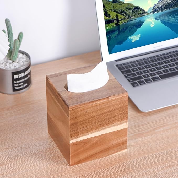 Wood Tissue Box Cover Square, Wooden Tissue Box Holder for Bathroom, Bedroom, Dinner Table, Office,Kitchen (Square)