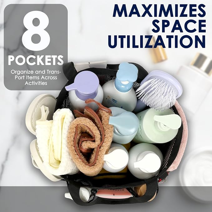 GYEUKHAM Mesh Shower Caddy Portable for College Dorm, Quick Dry Hanging Shower Bag with 8 Pockets, Bathroom Tote Organizer for Gym, Travel, Camping, Black