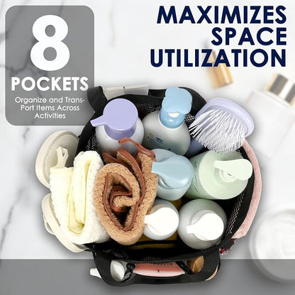 GYEUKHAM Mesh Shower Caddy Portable for College Dorm, Quick Dry Hanging Shower Bag with 8 Pockets, Bathroom Tote Organizer for Gym, Travel, Camping, Black