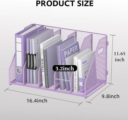 SUPEASY Binder Organizer, Magazine File Holder with 5 Vertical Compartments Rack, Metal Desk File Organizer & Binder Holders, Magazine Organizers for Office Desktop, Home, School, Classroom (Purple)