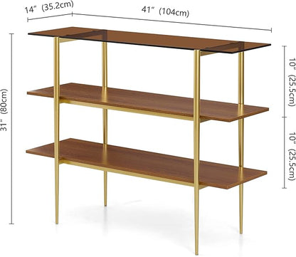 Glass Console Table for Living Room, Foyer & Entryway, L41 x W14 x H31 Inch, 3-Tier Mid-Century Modern Sofa Table with Amber Glass Top, Walnut Finish Wood Shelf and Gold Finish Frame