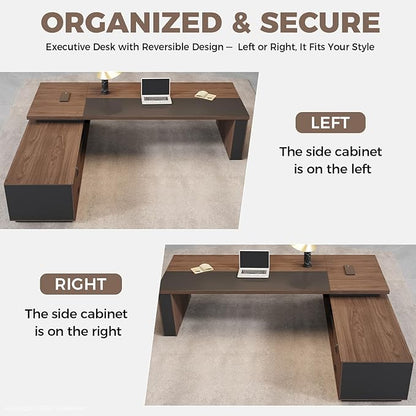 L-Shaped Executive Desk with LED Lights, Lockable Storage & 3-in-1 Charging Station, Reversible Cabinet, Modern Wood Office Desk for CEO, Manager & Home Office(Red Walnut+Black, 87"L*71"W*30"H)