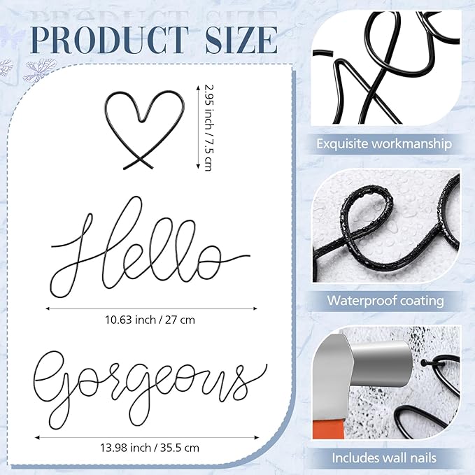 Hicarer Hello Gorgeous Metal Wall Art Decor Minimalist Decoration Metal Hello Gorgeous Decorative Sign for Living Room Office Bedroom Hotel Home Wall Decoration(Black,Fashion Style)
