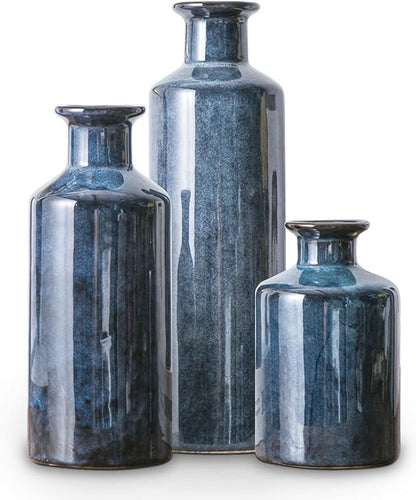 Blue Ceramic Vase Set of 3, Modern Farmhouse Small Vases, Rustic Terracotta Bottles for Living Room Fireplace, Centerpiece Table Decor