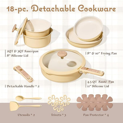 CAROTE 18 Pcs Ceramic Cookware Set Detachable Handle, Non Toxic Pots and Pans Set Non Stick, Induction Kitchen Cookware Removable Handles, Oven Safe, Stackable RV/Camping Cooking Set, Yellow