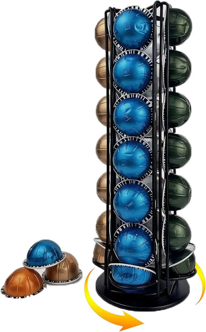 Vertuo Pod Holder Organizer for Nespresso, Holds 28 Pods, Lazy Susan Platform- Pinano Black, Ideal for Small Kitchens, Coffee Bars,Office break rooms- ONLY for Any VertuoLine Setup