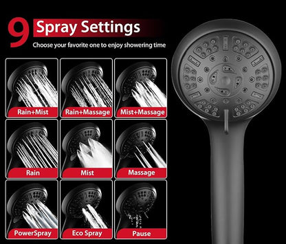 GRICH 1.8GPM Shower Head with Handheld Spray Combo: 2 in 1 Rainfall Shower Heads high pressure & Handheld Shower Head, 9 Spray Modes/Settings Detachable Shower Head with 60 Inch Hose, Black