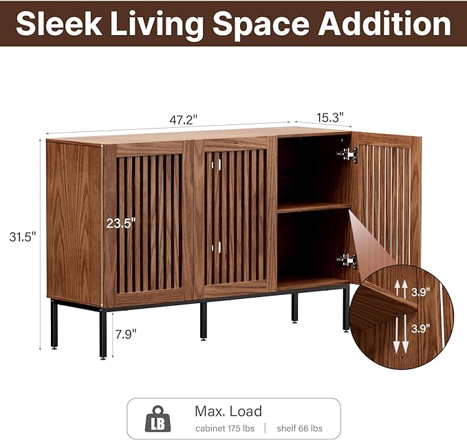 Buffet Cabinet, Modern Credenza Storage Cabinet with Adjustable Shelves and Metal Base, 47 Inch Wood Multifunctional Console Table for Kitchen, Living Room, Entryway, Brown