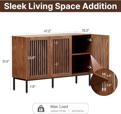 Buffet Cabinet, Modern Credenza Storage Cabinet with Adjustable Shelves and Metal Base, 47 Inch Wood Multifunctional Console Table for Kitchen, Living Room, Entryway, Brown