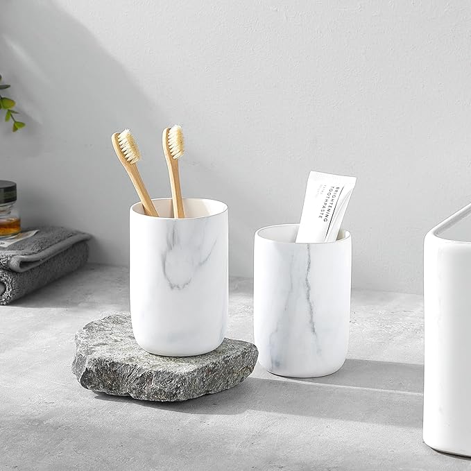 Marble Toothbrush Holders - 2 Ceramic Toothbrush Holders for Bathrooms Toothbrush Toothpaste Holders Set, White Bathroom Tumbler Cups Reusable Toothbrush Mouthwash Cup, Bathroom Counter Organizer.